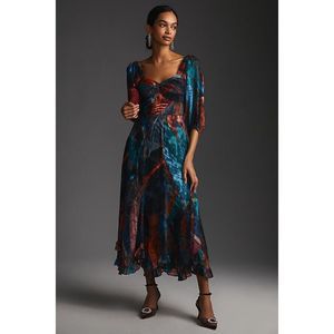 Anthropologie Hutch Puff-Sleeve Midi Dress 20W plus royal color ruffle EDGE new